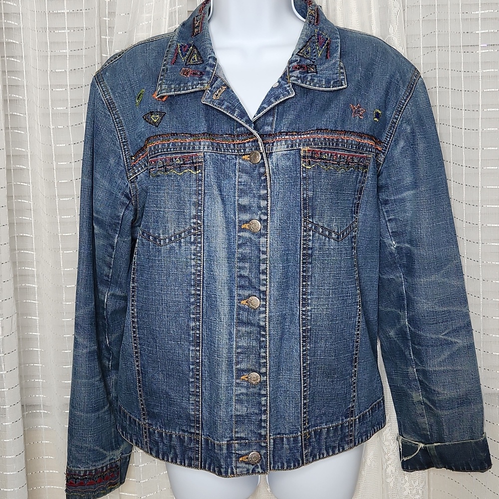 Vintage 90's embroidered denim jacket W/ Beaded embroidery Sun Applique SzL